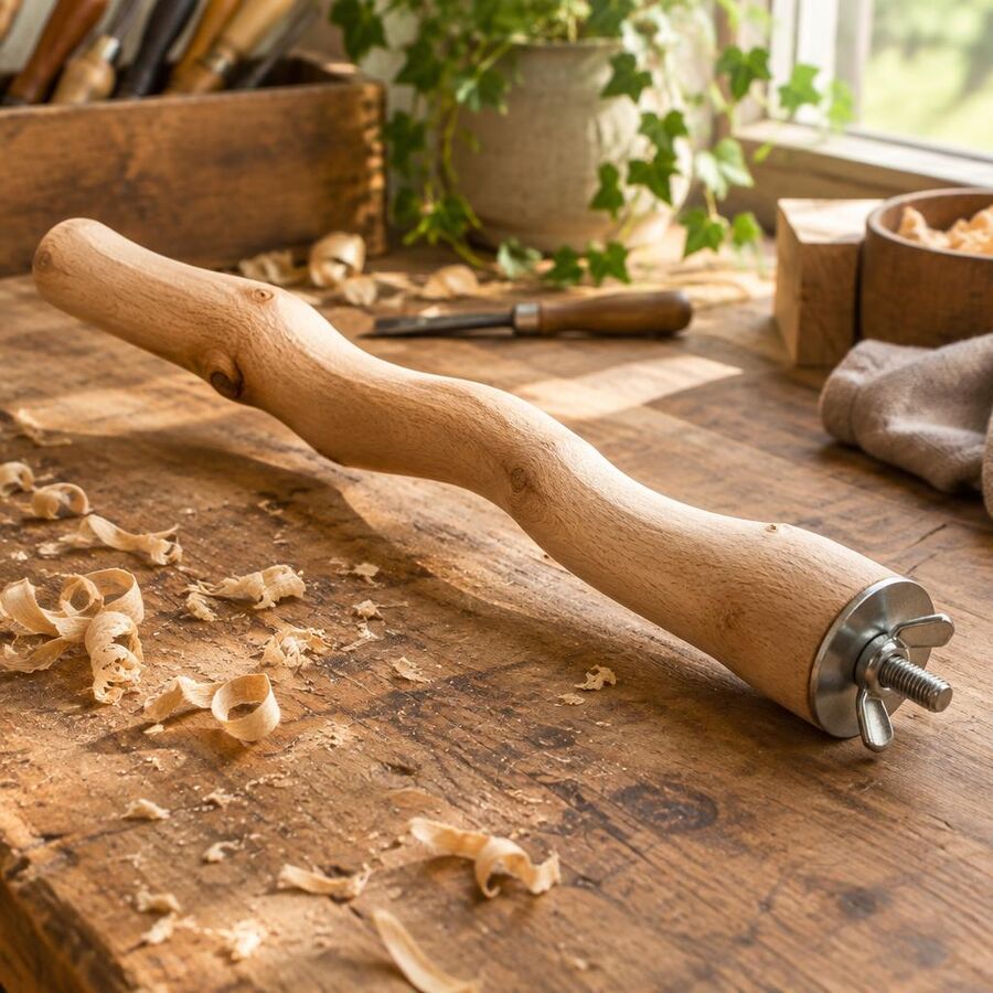 Hand-carved natural beech branch bird perch with stainless wing-nut fitting