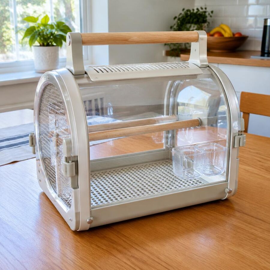 Clear-sided bird travel carrier with wooden perches on a kitchen table