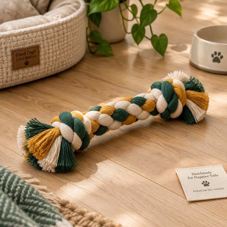 A braided cream, green and mustard cotton tug rope on a wooden floor