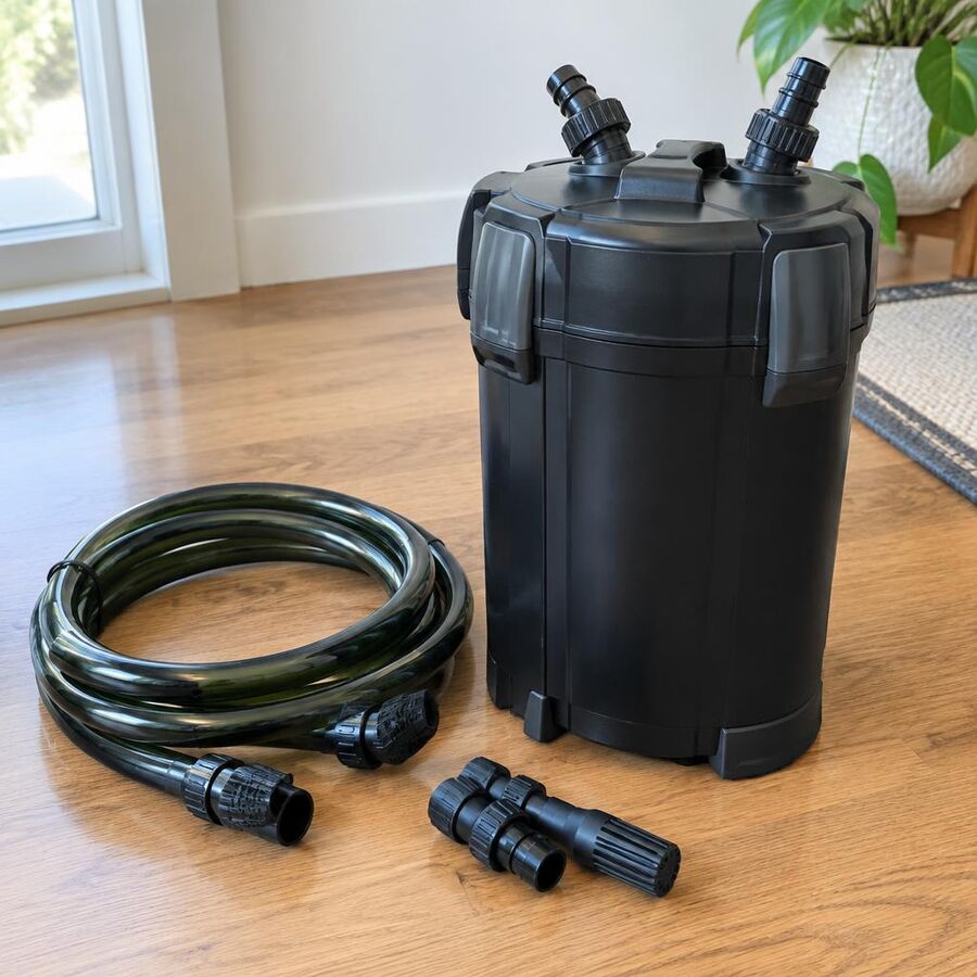 Black external aquarium canister filter with coiled hoses