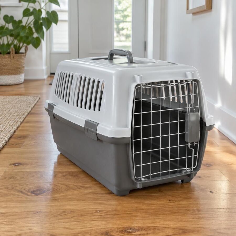 Grey and white plastic cat carrier with wire front door on a hallway floor