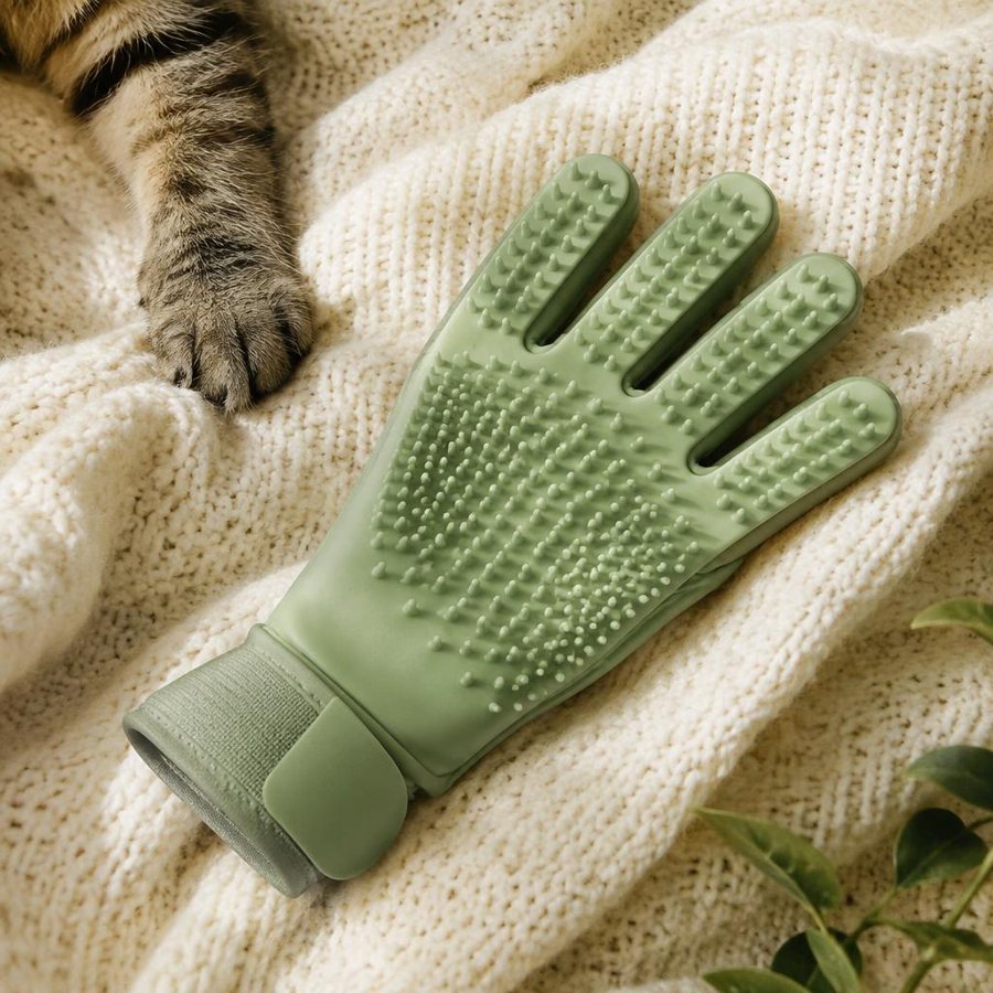 A sage green silicone grooming glove on a cream knitted blanket beside a tabby cat paw