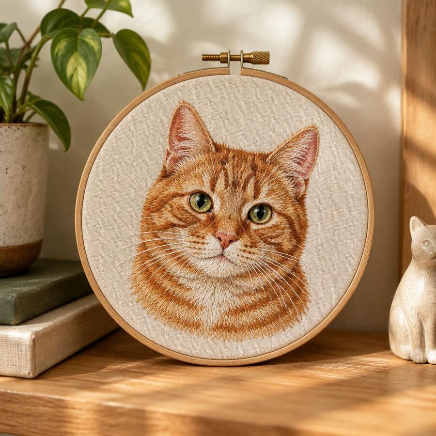 Hand-stitched ginger tabby portrait in a round wooden embroidery hoop
