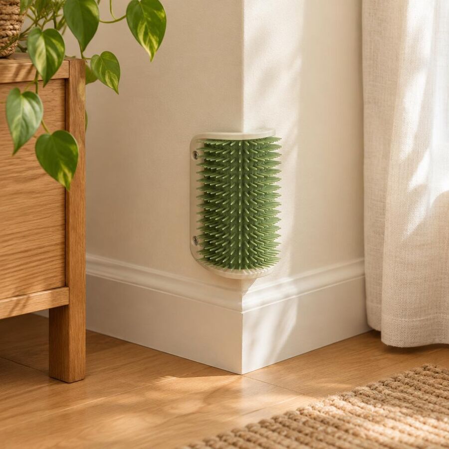 Green corner-mounted cat self-grooming brush fixed at skirting height