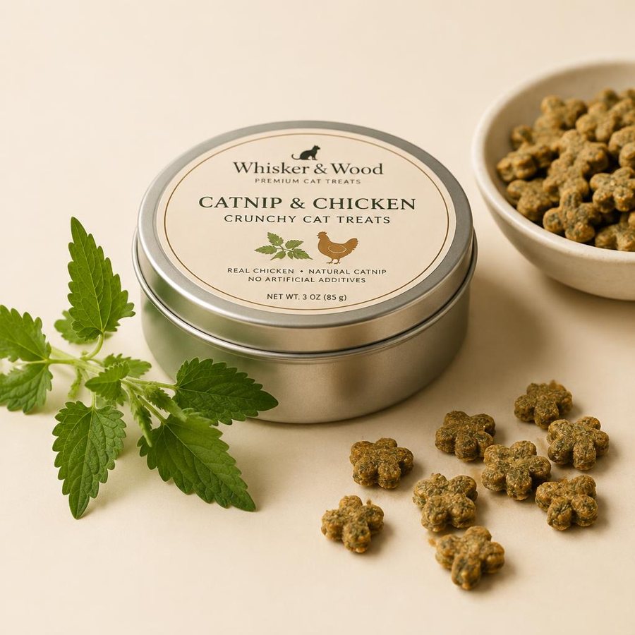 A tin of catnip and chicken cat treats next to fresh catnip leaves