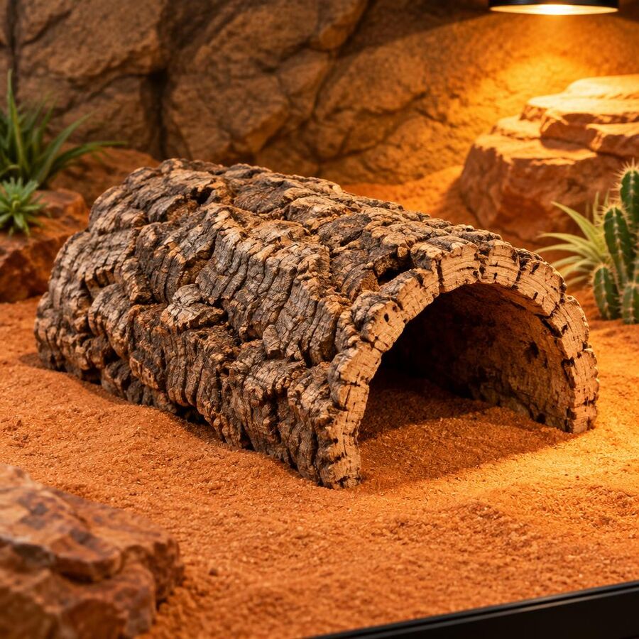 Curved natural cork bark tube hide on orange sand in a terrarium