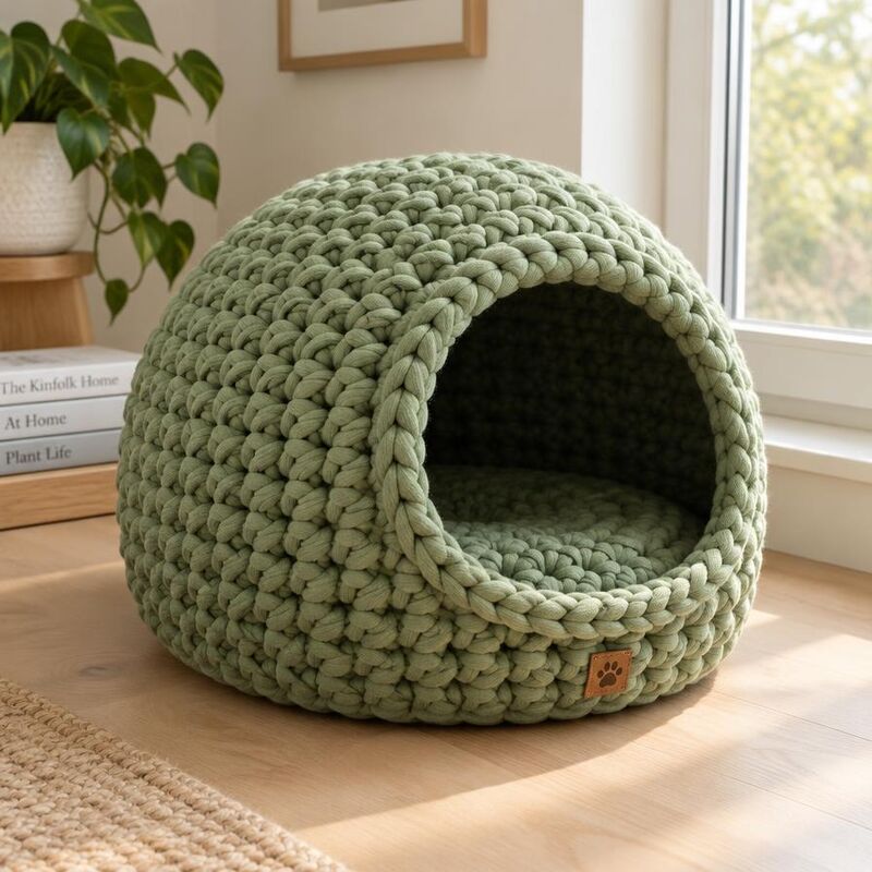 Sage green chunky crochet cat cave on a wooden floor by a window