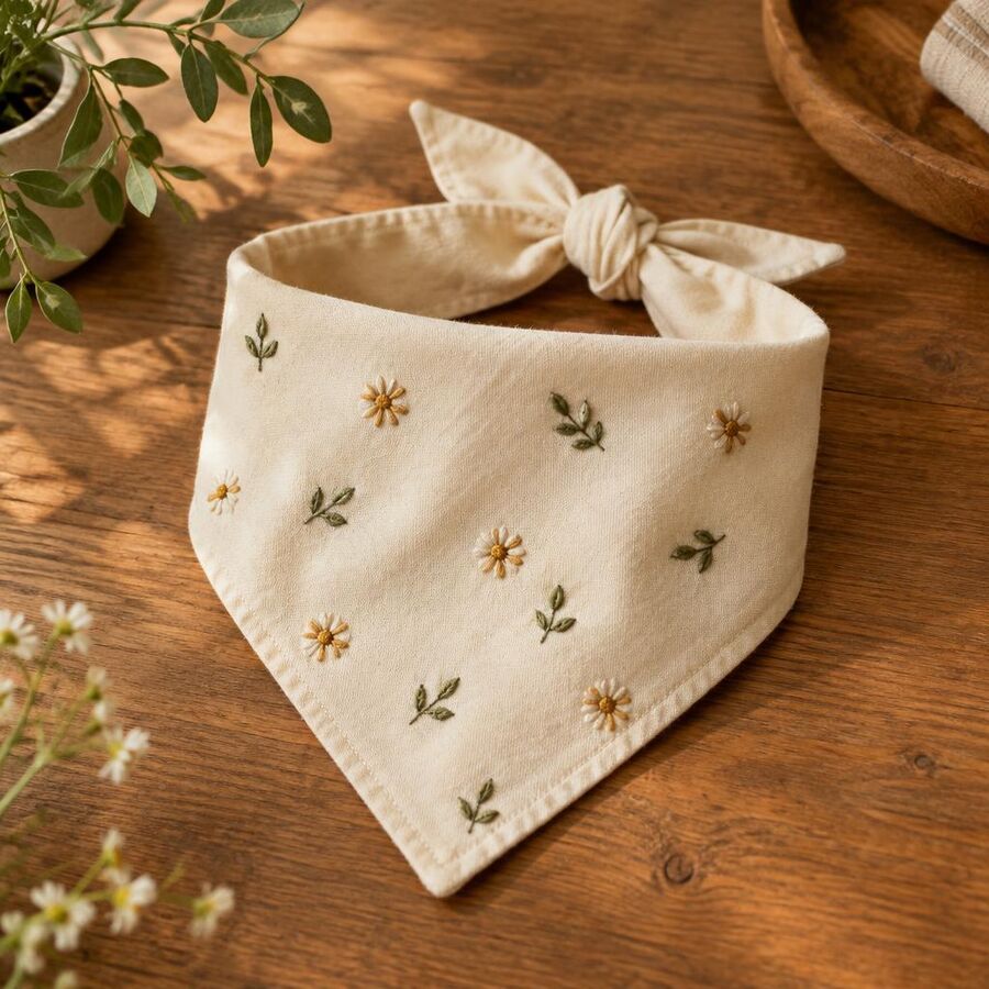 Cream cotton dog bandana hand-embroidered with green leaves and golden daisies
