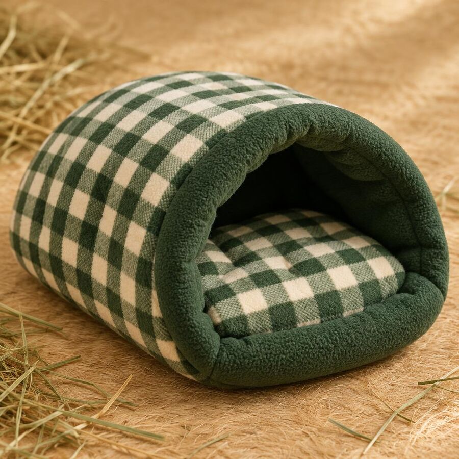 Green gingham fleece cuddle sack bed for guinea pigs on hay