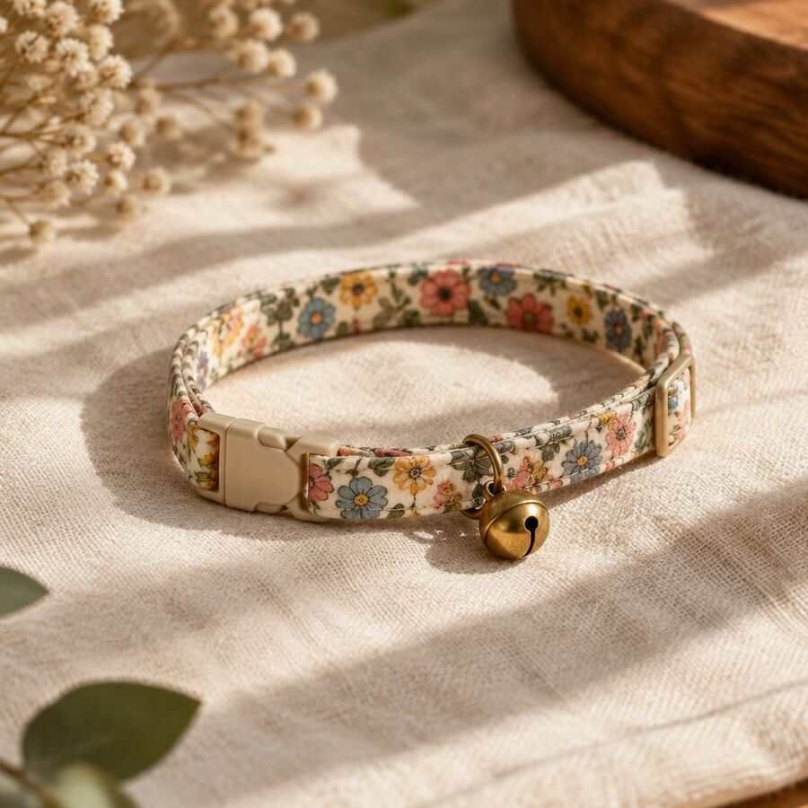 Floral print cotton cat collar with safety buckle and small brass bell