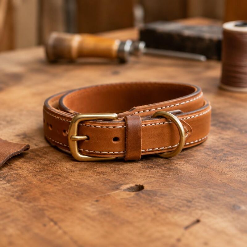 Tan hand-stitched leather dog collar with brass buckle on a workbench