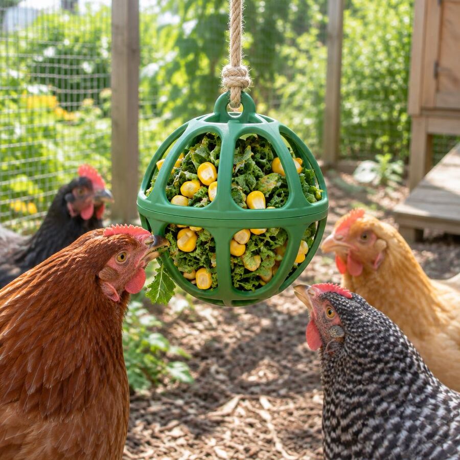 Green hanging treat ball filled with corn and greens for chickens