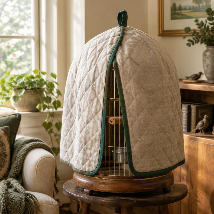 Quilted oatmeal linen cover with green trim over a domed bird cage