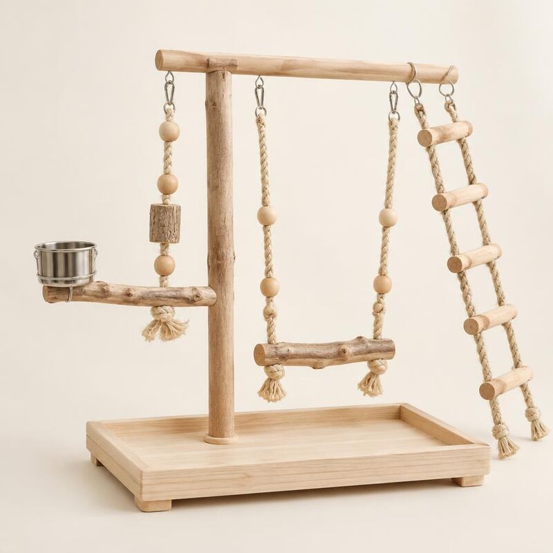 Natural wood bird play stand with swing, ladder and cup