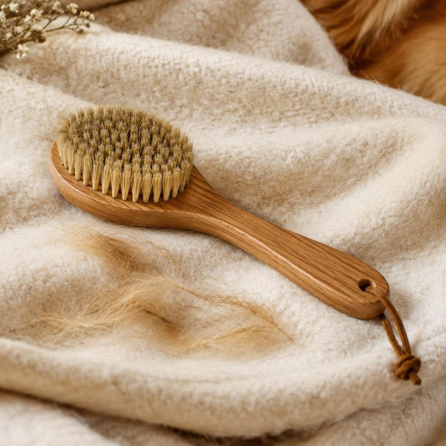 A handmade oak dog brush with natural bristles on a cream wool blanket