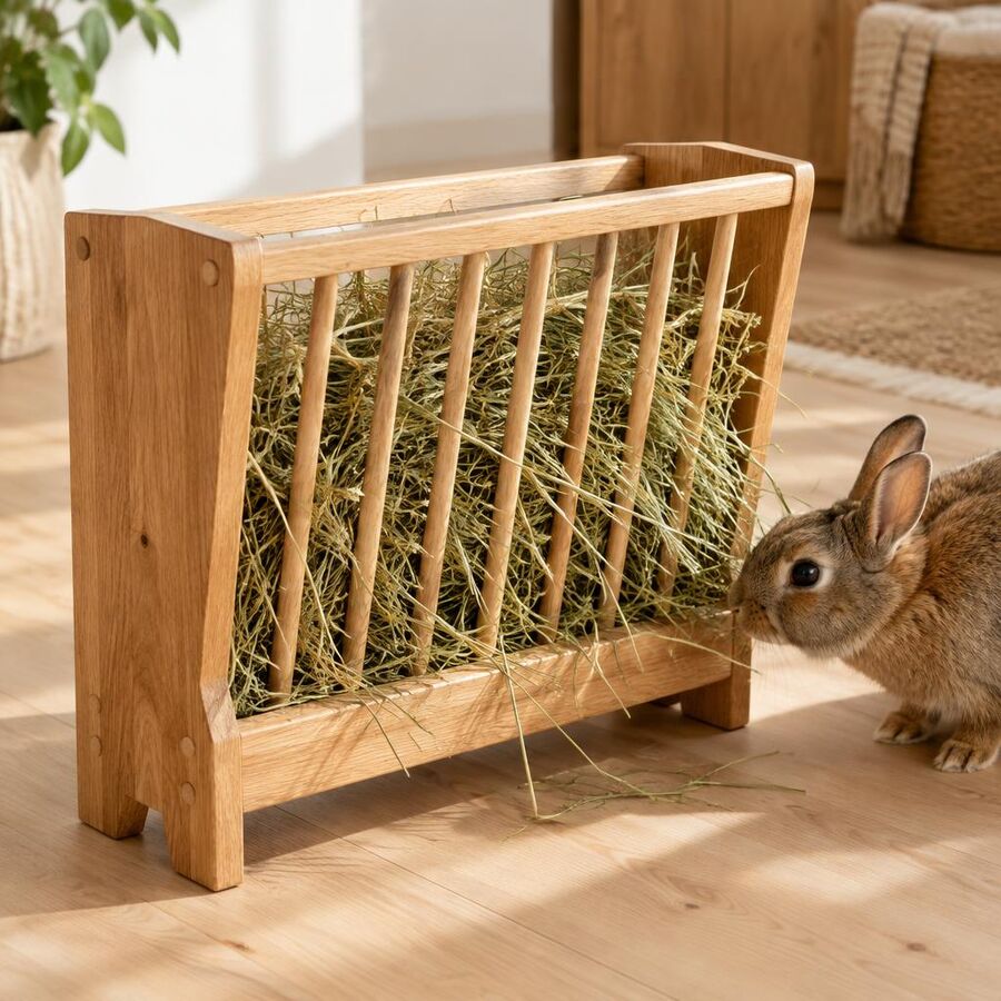 Handmade oak hay rack filled with hay, a rabbit nibbling beside it