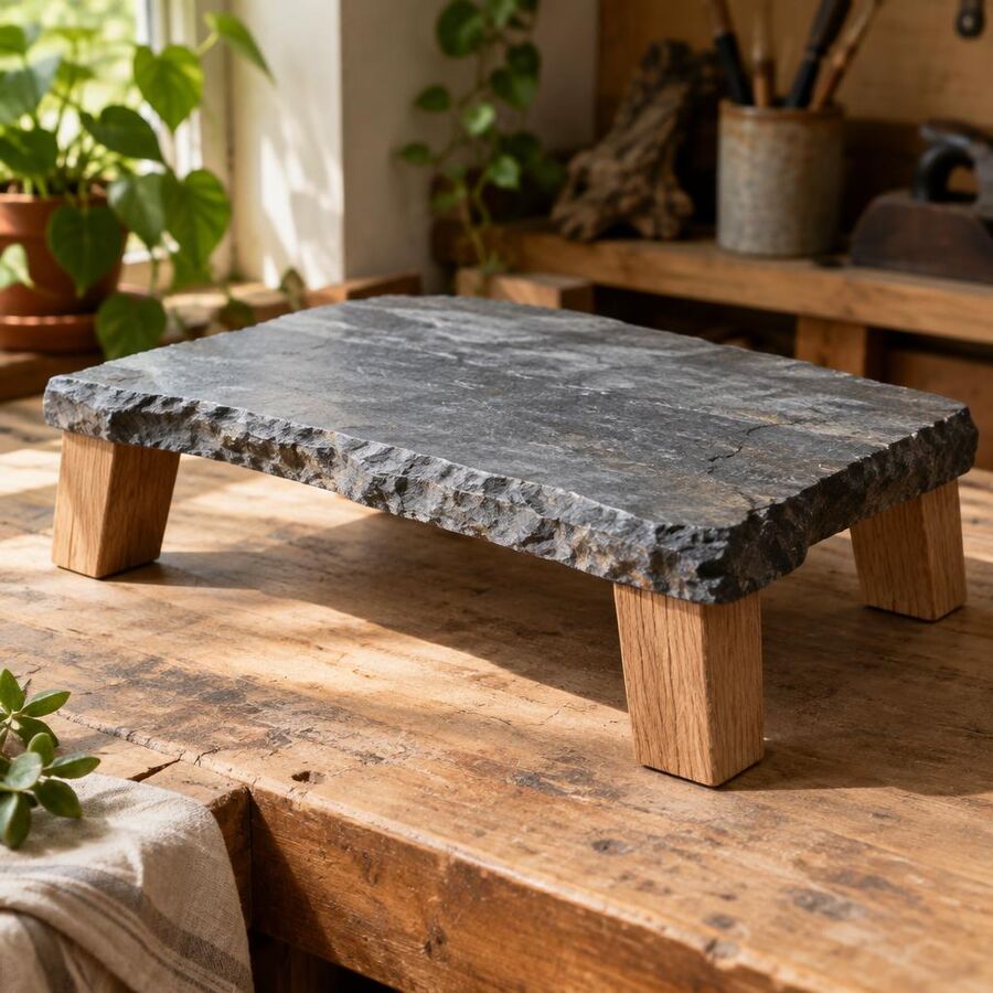 Natural slate basking platform on short oak legs on a workbench