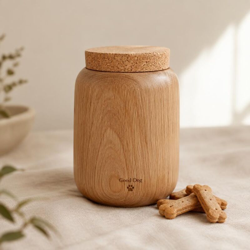 Hand-turned oak treat jar with cork lid beside dog biscuits on a linen cloth