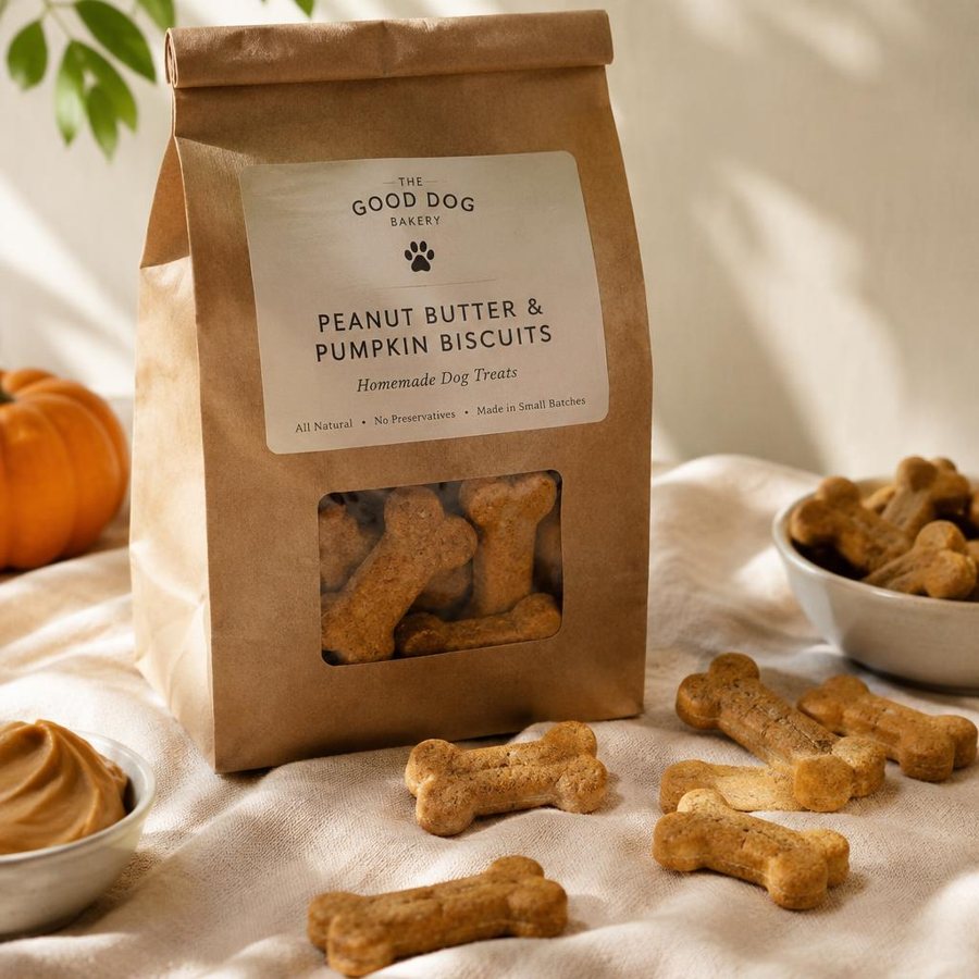 A kraft bag of bone-shaped peanut butter and pumpkin dog biscuits