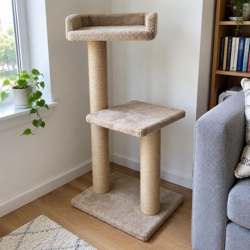 Pre-loved beige two-level cat tree with sisal posts in a living room