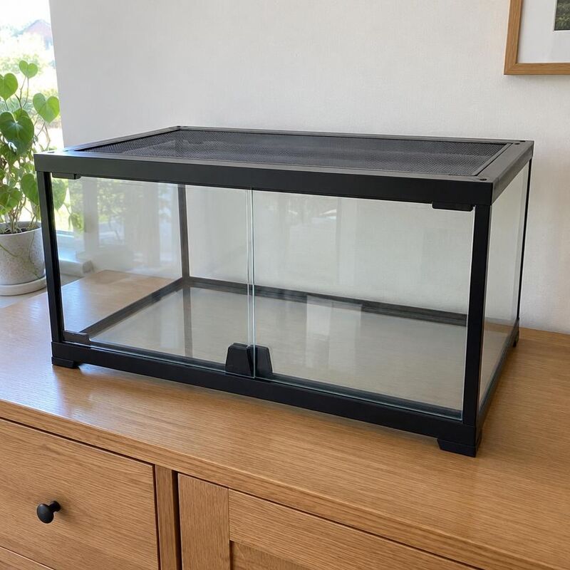Pre-loved front-opening glass terrarium on a wooden sideboard