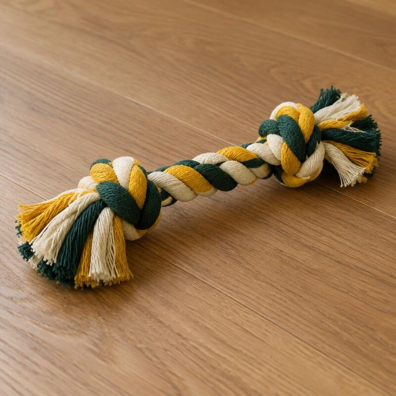 Green, mustard and cream braided rope tug toy on a wooden floor