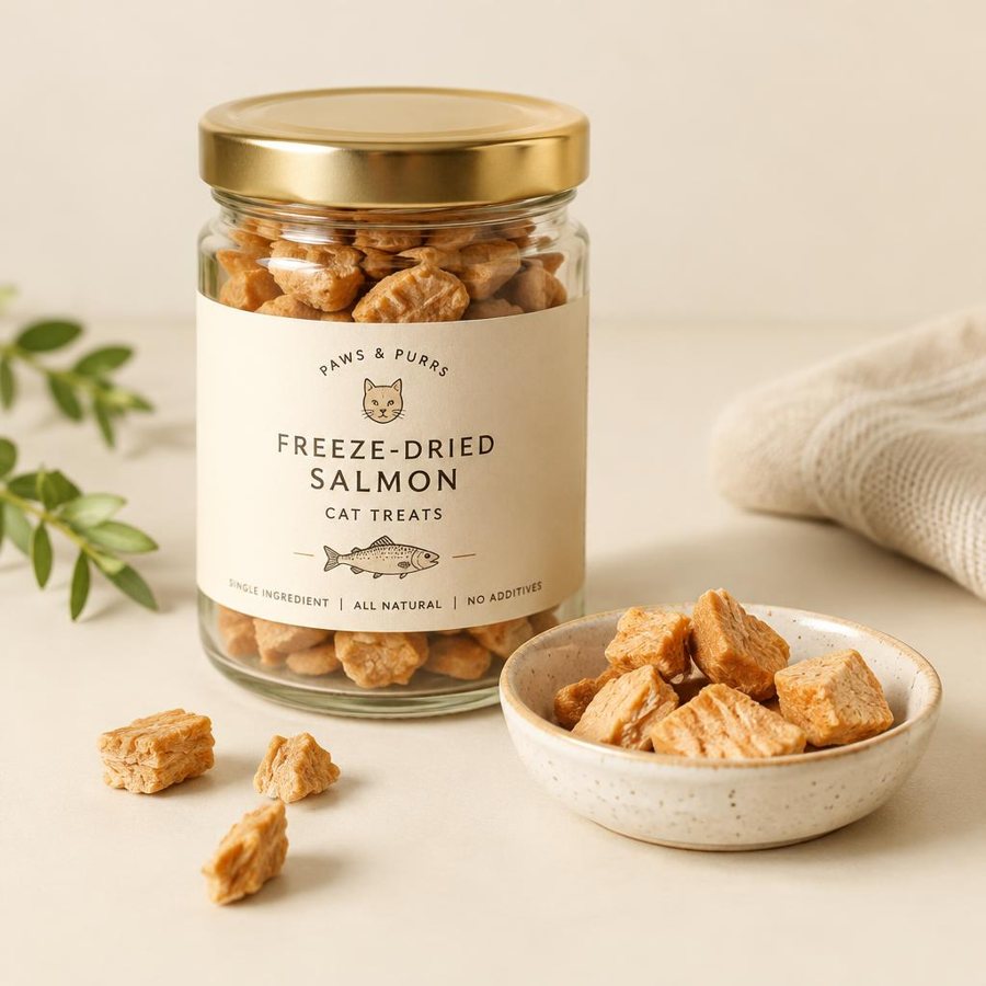A glass jar of freeze-dried salmon cat treats with a small dish of bites