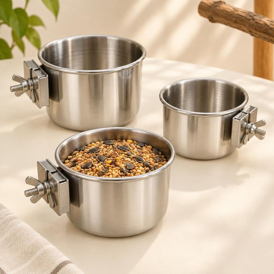 Three stainless steel bird seed cups with clamp holders