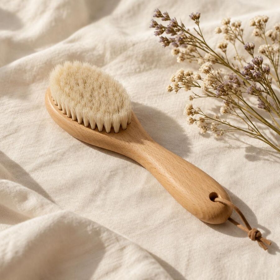 Small beech-handled soft bristle brush on cream linen