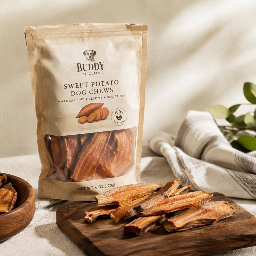 A pouch of dried sweet potato dog chews beside a wooden board of chews