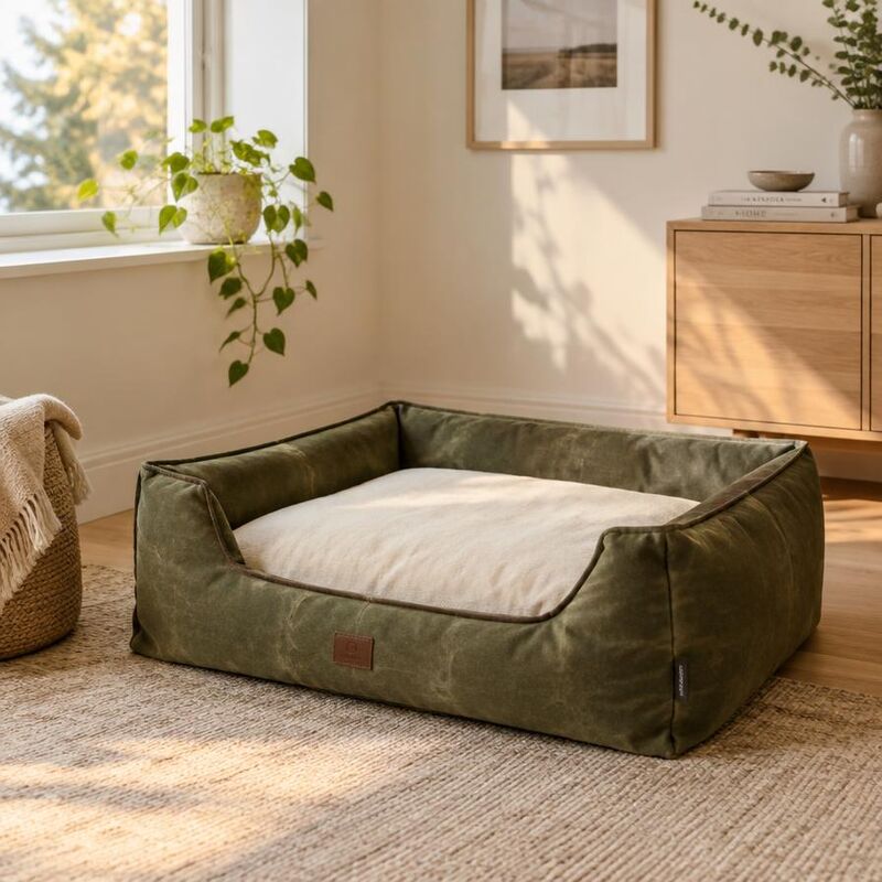 Olive waxed canvas dog bed with cream cushion in a sunny living room