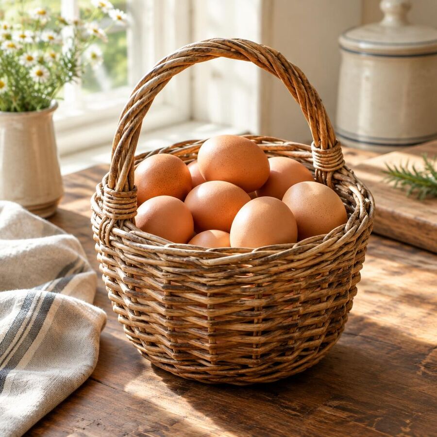 Hand-woven willow basket holding brown hen eggs on a kitchen table