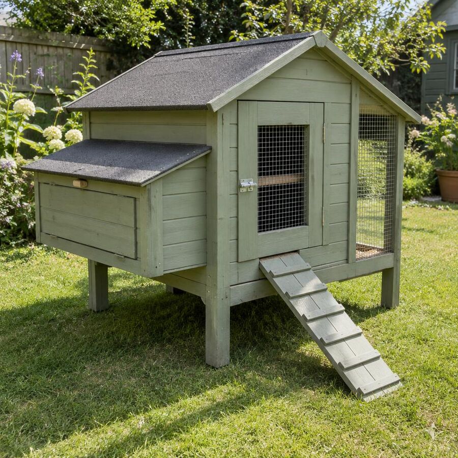 Sage-green wooden hen house with nesting box and ramp on a lawn